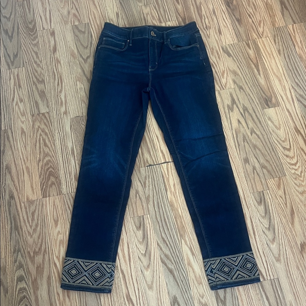 Dark Blue slim crop Jeans with Patterned Cuffs